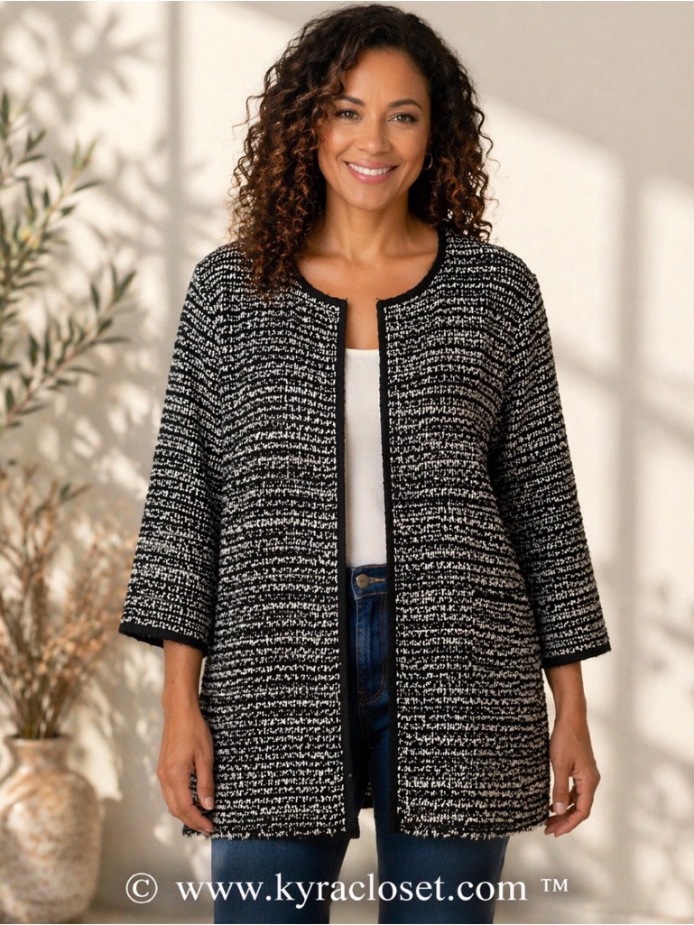 Chico’s Travelers Black & White Textured Open Front Jacket | Size 3 (Us 16/18)